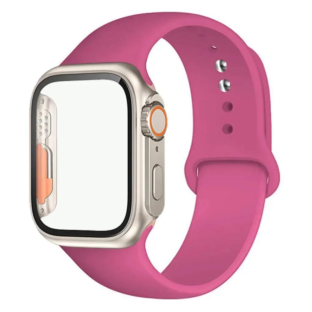 Силиконовый ремешок+Чехол для Apple Watch Band 44 мм 45 мм 41 мм 40 мм Закаленное стекло Cover Изменить на Ultra iWatch Series 9 8 7 SE 6 5 3