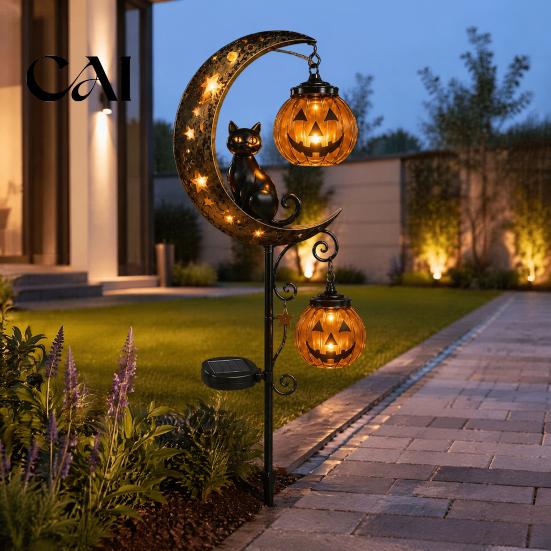 Glowing Garden Stakes for Walkways Halloween Solar Stake Light, Black Cat Pumpkin on Crescent Moon with Spooky Lights Parties Hanging Lantern,