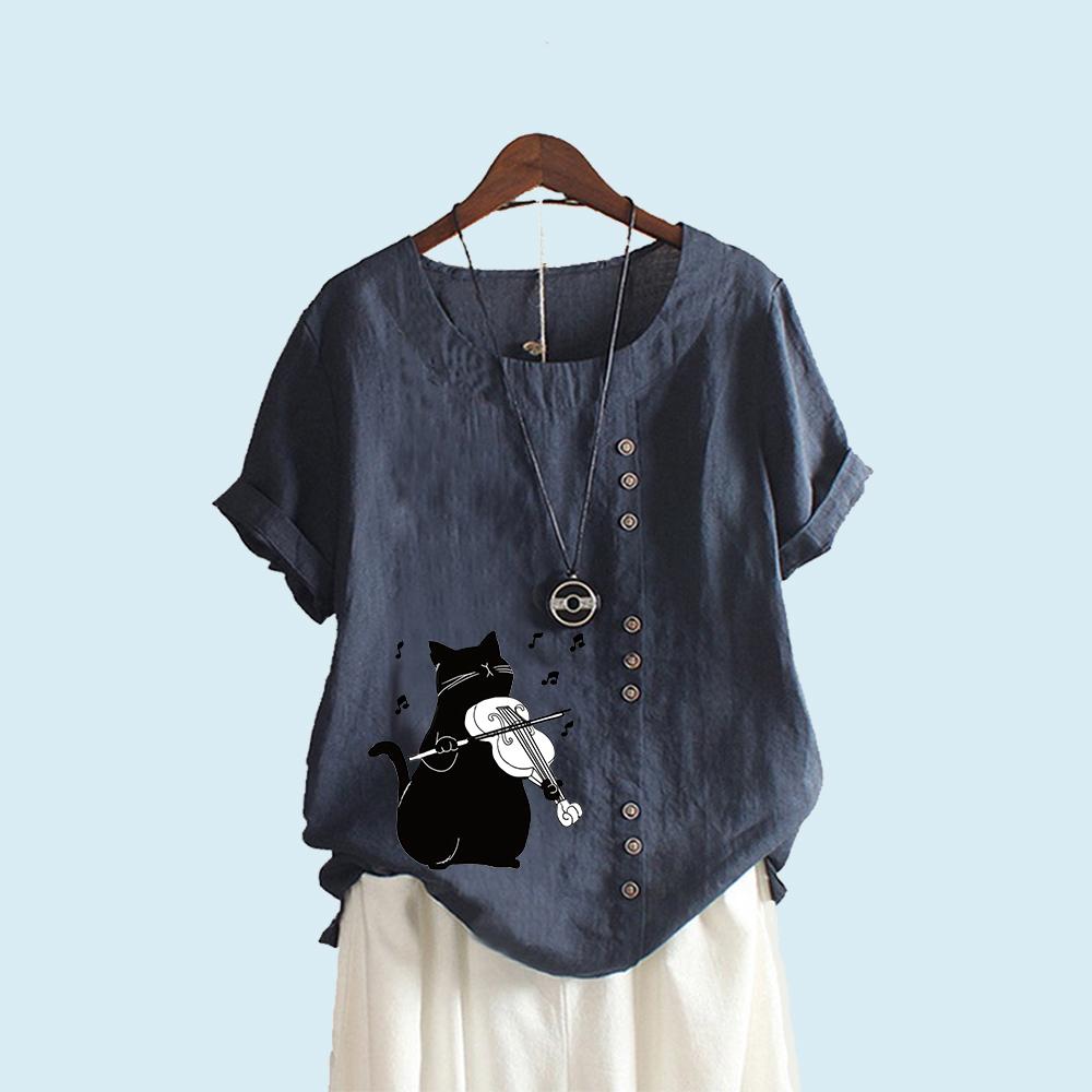 Женская модная футболка с коротким рукавом, летняя и осенняя повседневная верхняя одежда с круглым вырезом и принтом кота, пуловер, свободные хлопковые льняные блузки