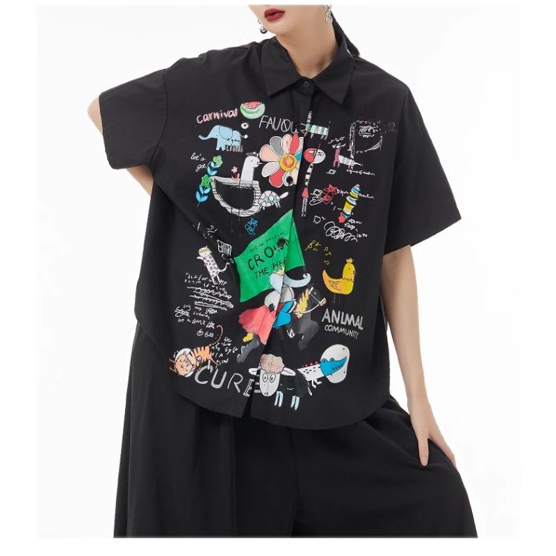 DIMANAF 2024 Плюс Размер Новая Летняя Стильная Блузка Винтаж Ретро Дизайн С Коротким Рукавом Красочный Принт Повседневная Рубашка Женская Свободная Рубашка Рубашка С Принтом