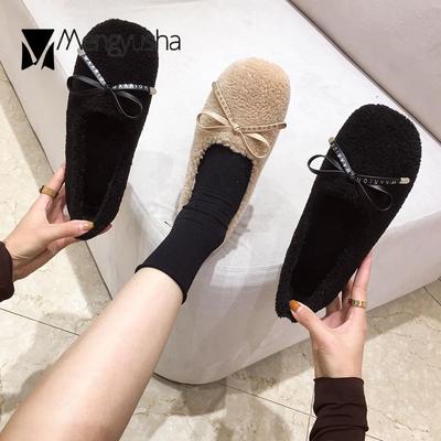 Модные туфли Butterfly-Knot из овечьей шерсти на плоской подошве для женщин, теплая мягкая зимняя обувь для женщин, удобные мокасины с квадратным носком из шерсти и меха