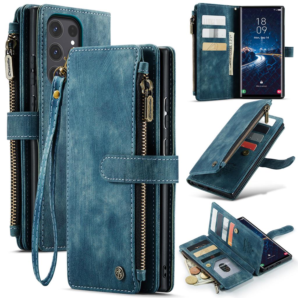 Чехлы для телефона Samsung Galaxy S25 Ultra со шнурком CASEME C30 на молнии с держателем для нескольких карт, чехол из ПУ кожи