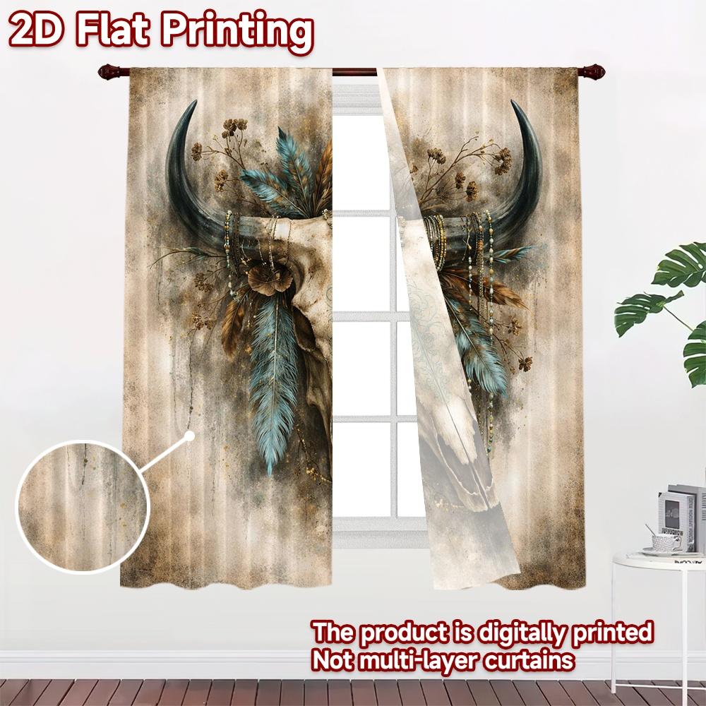 2D FLAT PRINTING 2pcs Curtains (Without Rod) Boho Skull with Feathers Modern Curtain Modern Semi-Sheer Curtains weet Use for