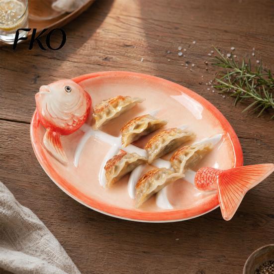 Three-dimensional Fish Plate Shaped Ceramic Dumpling Plate, Sushi Serving Tray with Red Gradient Platter Dip Sauce Grooves, Multifunctional Appetizer