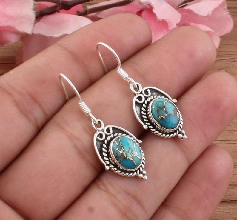 Solid 925 Sterling Silver Blue Copper Turquoise gemstone Boho Designer Dangle Drop Earrings Gift For Her