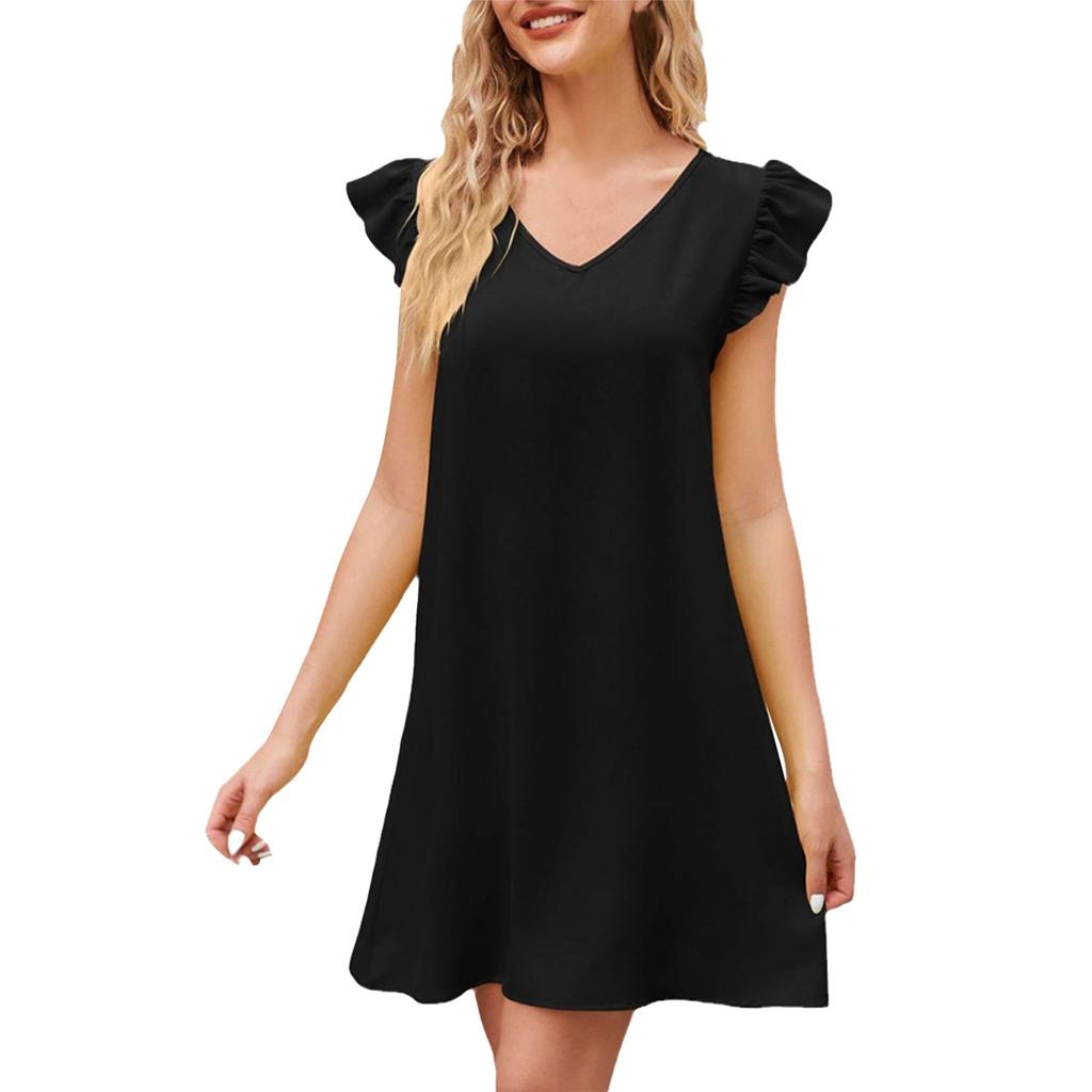Women's Fashion Solid Colour V-Neck Bubble Sleeve Loose Casual Dresses