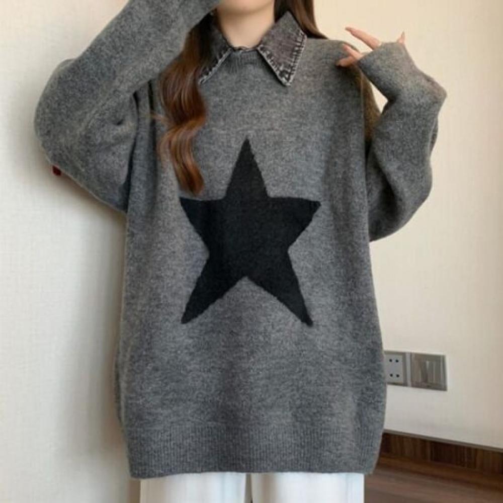 Navava Nk2434 Star Loose Fit Long Sleeve Knit Sweater