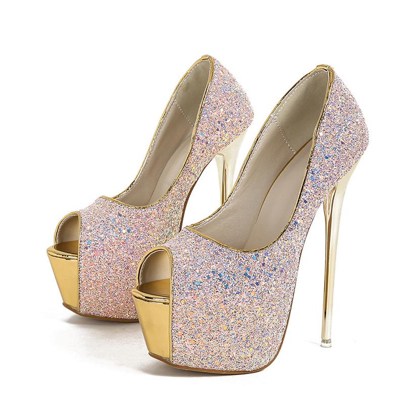 Sexy Peep Toe Extreme High Heels Party Nightclub Stripper Pole Dance Shoes Fashion Sequined Cloth Platform Pumps Women