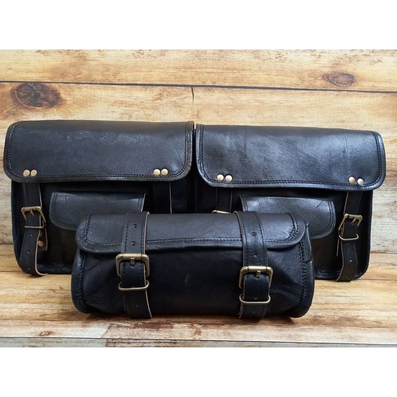 Handmade Black Leather Motorcycle Saddlebag Set: Panniers & Tool Pouch