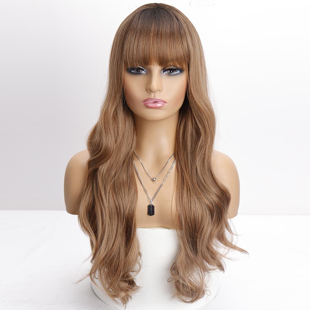 MISS WIG Длинный розовый волнистый парик омбре с челкой, черный, коричневый, косплей, натуральный синтетический парик из термостойкого волокна для женщин