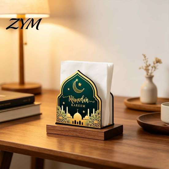 Islamic Home Decor Wooden Napkin Holder, Ramadan-themed Paper Towel Dispenser, Crescent Mosque Gift for Pattern Decorative Tissue Holder Festive