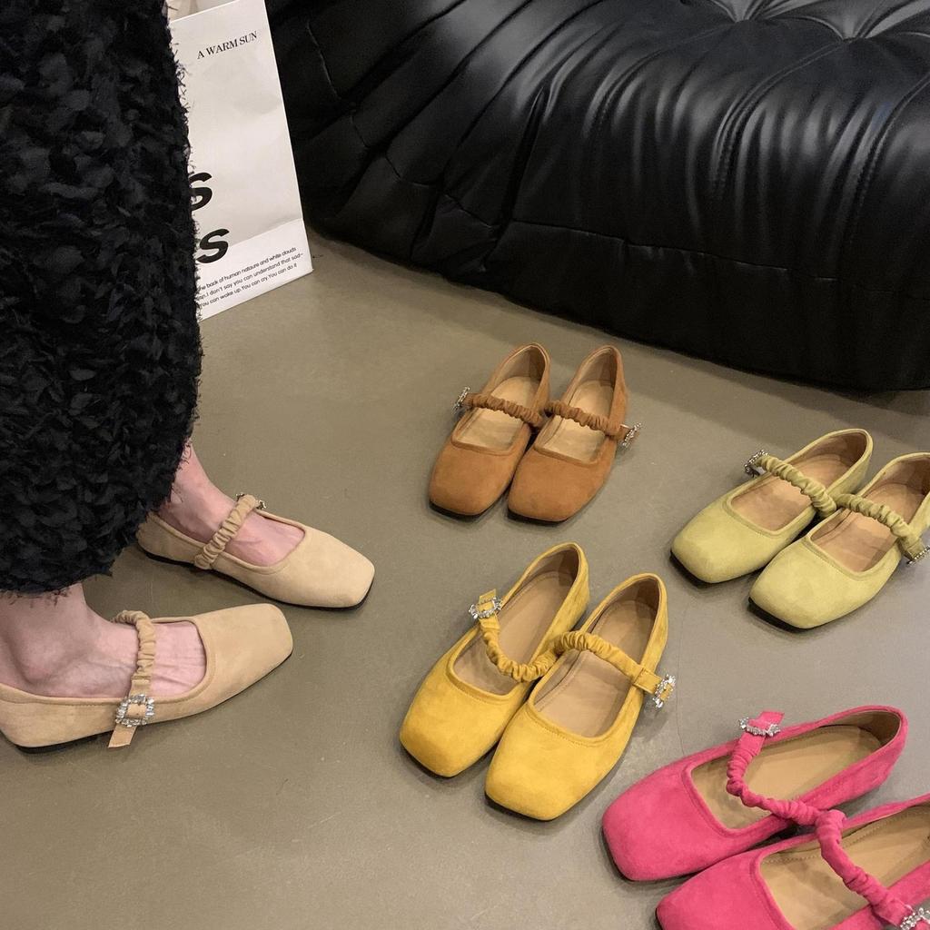 Square Head Mary Jane Shoes Women's Suede Flat-soled Single Shoes Rhinestone Buckle Pleated Belt with Skirt Temperament Grandma Shoes Tide