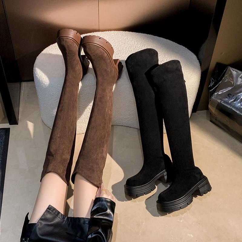 Мода Винтаж Зимние женские сапоги выше колена Модные молнии сзади Толстые каблуки Длинные сапоги Женские сапоги Largas