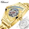 Triangle Skeleton Automatic Watch Stainless Steel Men Business Casual Irregular Triangle Mechanical Wristwatch Golden Punk Style Male Clock