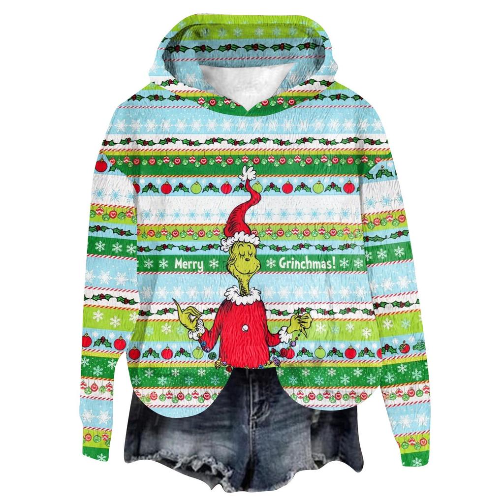 Women's Hooded Long Sleeve Christmas Printed Flannel Top Hooded Sweatshirt