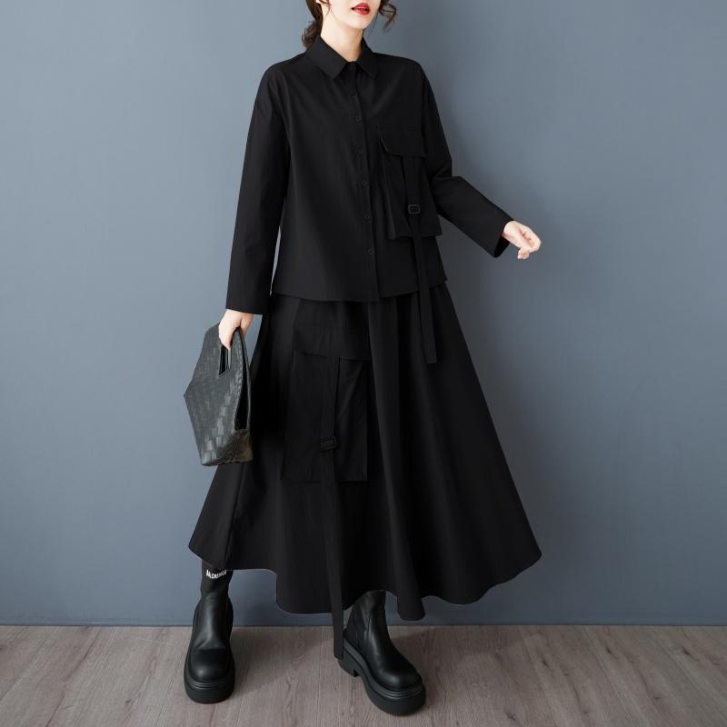 Dimanaf Большие размеры 2025 Весна Юбки Костюмы Женские Однотонные Комплекты Костюмы Свободные Блузки Рубашки Длинные Юбки Повседневная Одежда