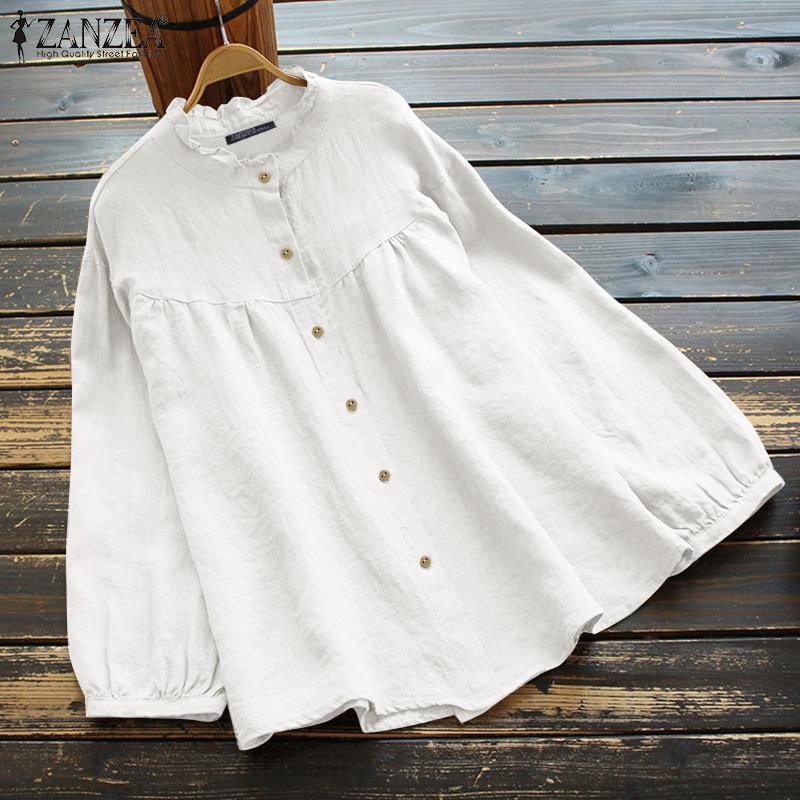 ZANZEA Женская повседневная однотонная хлопковая блузка с круглым вырезом и длинным рукавом