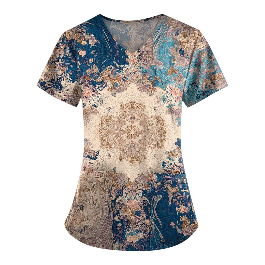 Plus Size Printed Scrub Working Uniform Tops For Women's V-Neck Print Short Sleeve Fun T-Shirts Workwear Tee With Pockets