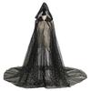 Women Tulle Hooded Cape with Long Train Sparkling Long Sheer Elf Cloak Gothic Witch Robe Costume for Wedding Bride Halloween Cosplay