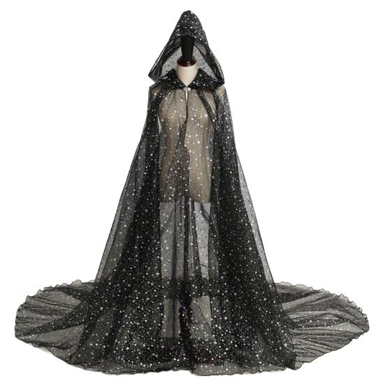 Women Tulle Hooded Cape with Long Train Sparkling Long Sheer Elf Cloak Gothic Witch Robe Costume for Wedding Bride Halloween Cosplay
