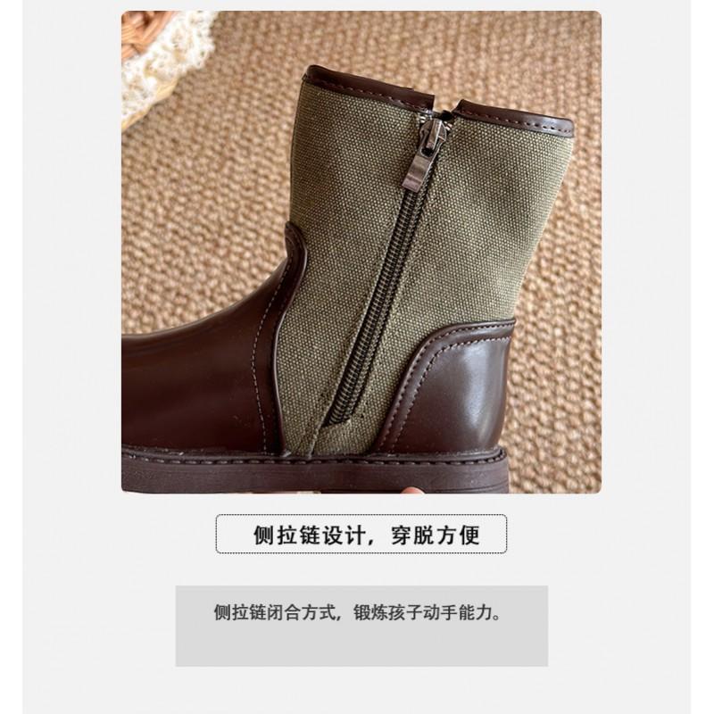 Girls Mid-Calf Martin Boots Retro British Style PU Leather Side Zip Fashion Ankle Winter