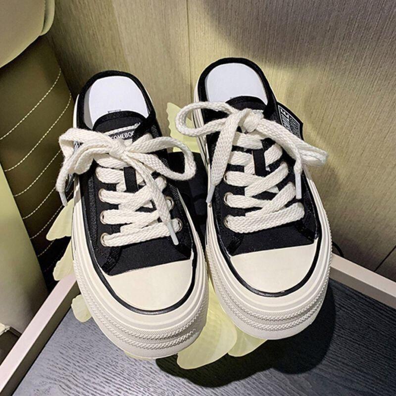 2025 лето новые шлепанцы на толстой подошве с увеличением роста тренд универсальные ленивые с одним педальным полудрагом модные повседневные парусиновые туфли женские