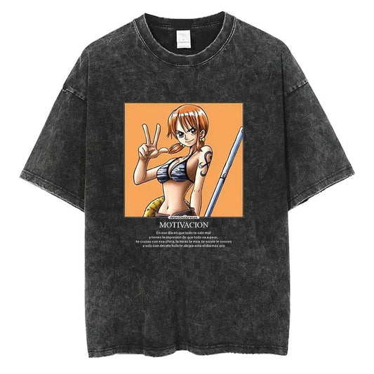Japanese Anime One Piece Retro Washed Tshirt Men and Women Summer Harajuku YK Clothing Round Neck Short Sleeved Tshirt Unisex