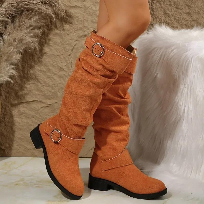Shoes Female 2024 New Slip-on Women's Boots Fashion Belt Buckle Modern Boots Women Winter Plus Size Square Heel Knee-High Boots