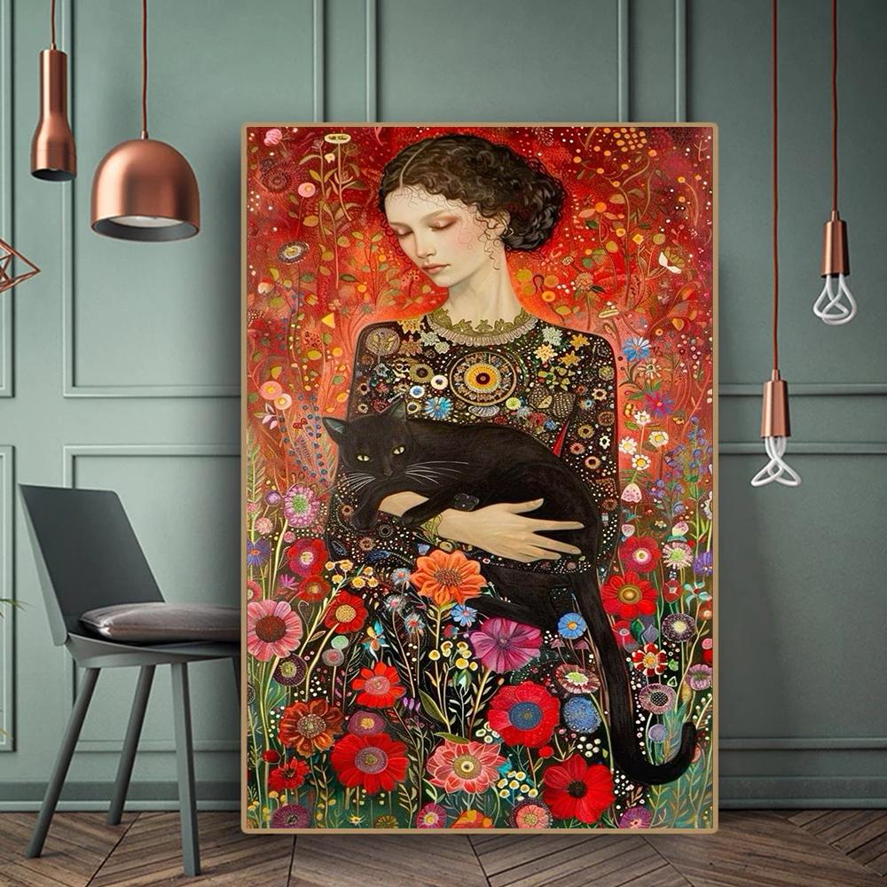 Абстрактная женщина и кот Картина на холсте Настенное искусство Искусство Густава Климта Элегантная девушка Постеры Для офиса Гостиной Декор дома