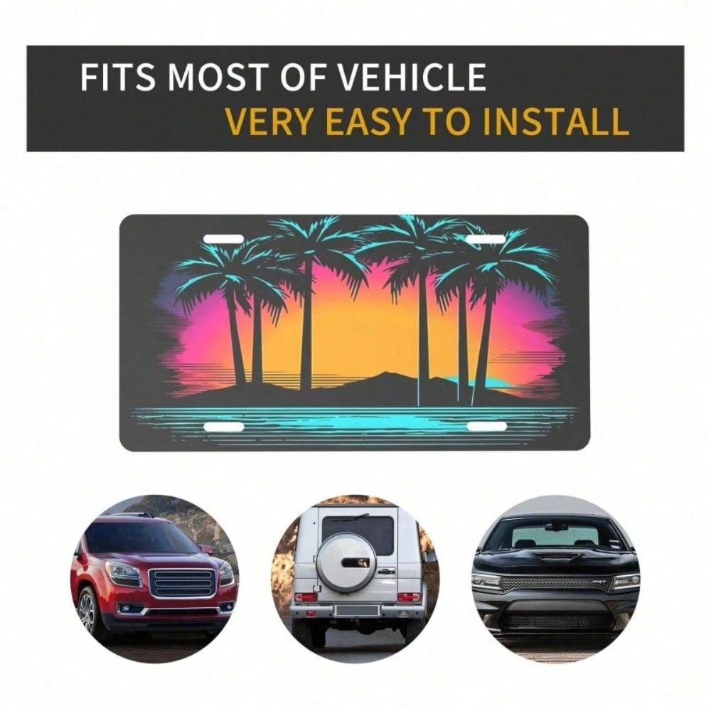 Funny Palm Tree Beach License Plate, 12x6 In Novelty Tropical Sunset Aluminum Car Tag, Decorative Front Plate for Truck