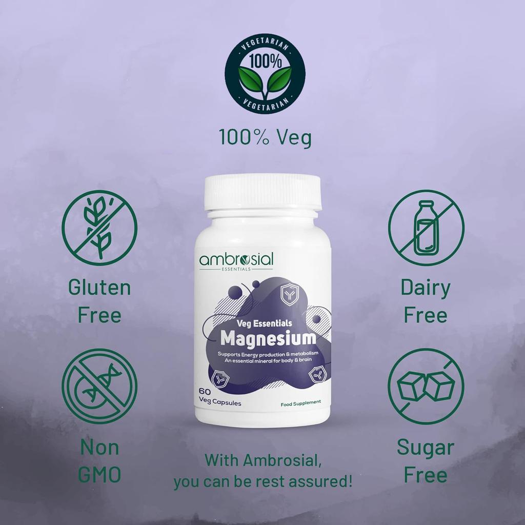AMBROSIAL Magnesium Complex Food Supplement Increases Muscle Functions Reduces Tiredness Boosts Energy Levels 60 Vegan Capsules