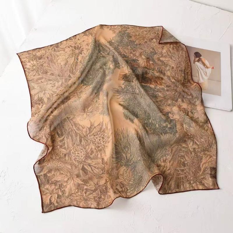 Spring and Summer New 100% Mulberry Silk Georgette Silk Scarf Women's Retro Lazy Chinese Square Scarf Premium Scarf Accessories