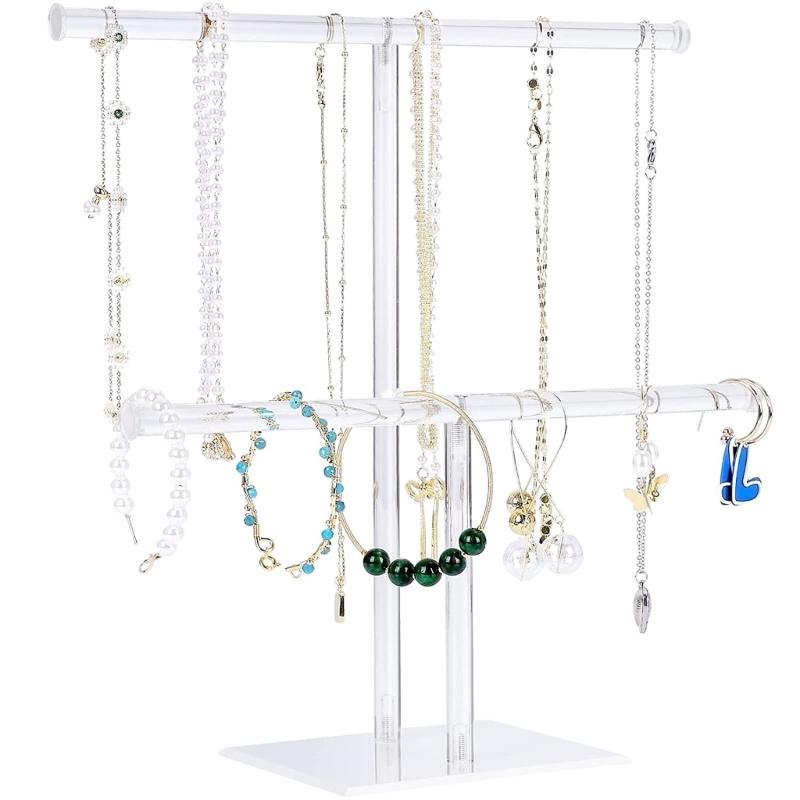 Акриловая подставка-дисплей для ободков 2-ярусная Т-образная стойка для ободков Организатор для подвешивания украшений для ожерелий Браслетов Серьг