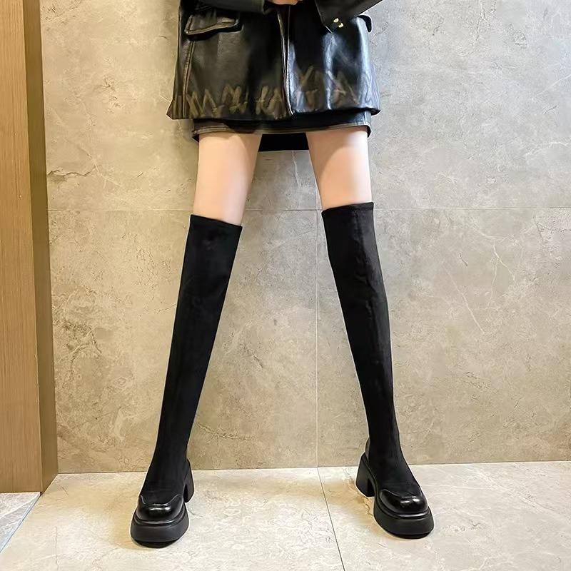 Black Suede Elastic Boots Women's Winter New Thick-soled Heel Over Knee Boots Skinny Boots Socks Boots Long Boots
