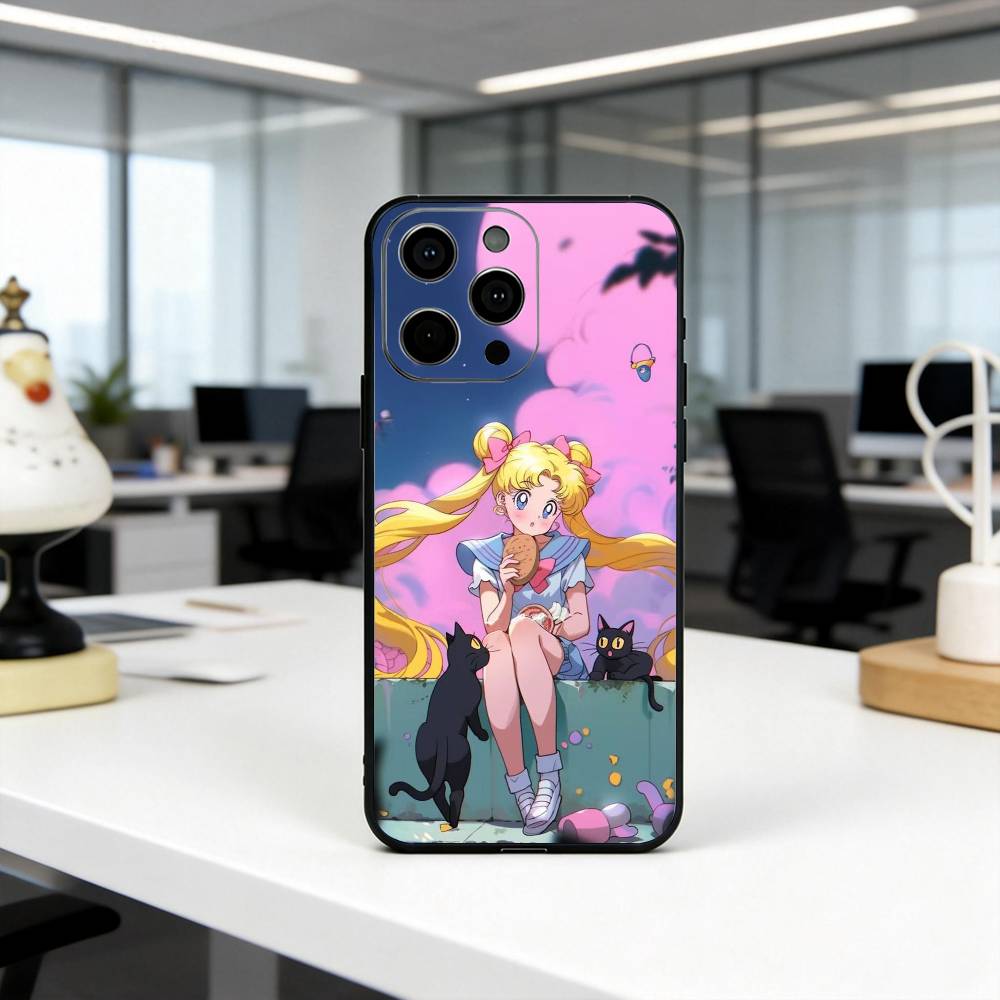 Мультяшный чехол для телефона S-Sailor M-Moon-es Art для iPhone 17, 16, 15, 14, 13, 12, 11 Plus, Pro Max, Других Мягкий Черный Чехол