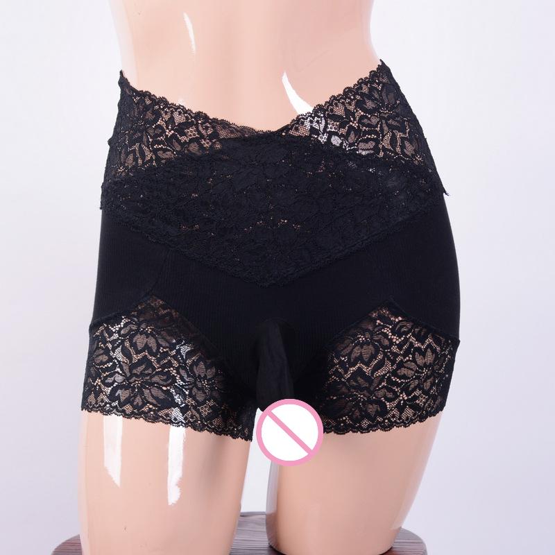 Summer Men's Silk Stockings Underwear Sexy Lace Sheer Cross High Waist Elastic Slim Physiological Flat Angle Shorts KSG4