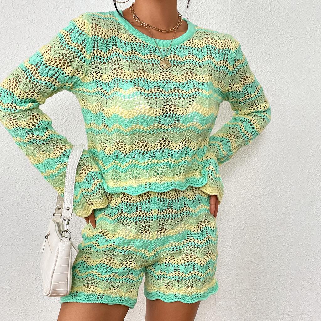 GMXIA Женская мода, повседневный полосатый принт, весенне-осенний свободный свитер с круглым вырезом и длинным рукавом, костюм из двух предметов