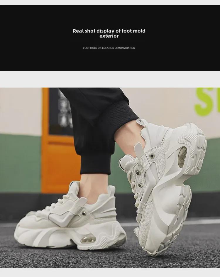 2024 Men's White High-Top Shoes with 12cm Invisible Height Increase, Air Cushion, Thick Sole, Fashionable Dad Sneakers