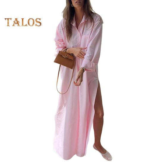Women Shirt Dress Lapel Long Sleeve Side Slit Design Casual Shirt Solid Color Buttons Closure Maxi Dress Daily Wear