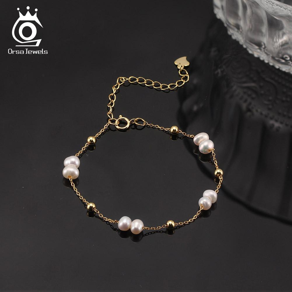 ORSA JEWELS Браслет-цепочка с жемчугом из стерлингового серебра 925 пробы Винтажный браслет с жемчужными бусинами 14K золота на руку Женские праздничные украшения GPB40
