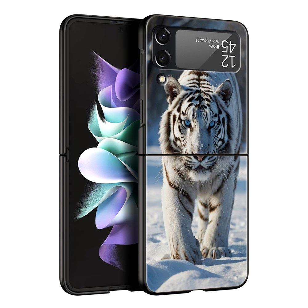 Чехол для телефона Samsung Galaxy Z Flip 3 4 5 6 7 Складной Черный Корпус Для Samsung Z Flip4 Flip5 ПК Жесткая Крышка Животное Белый Тигр