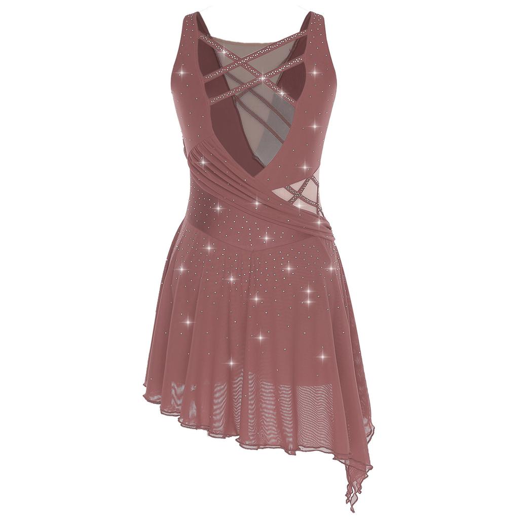 Women Dance Dress with Rhinestones Adorned Straps - Backless Side Slit Flowy Asymmetrical Hem Built-in Crotch Press Buttons for Stage Performance