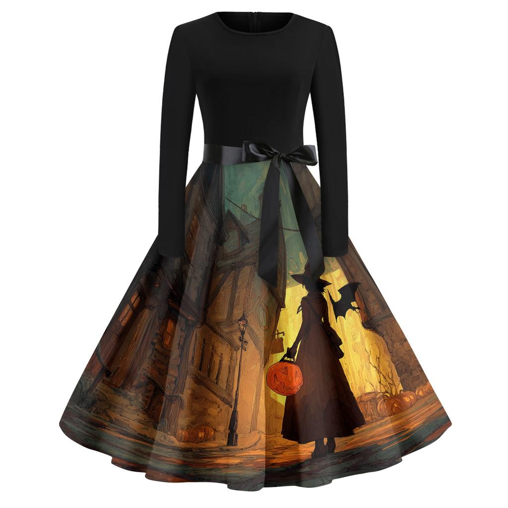 Women's Casual Fashion Round Neck Halloween Printed Vintage Dress