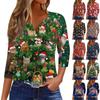 Women's Fashionable Casual Christmas Printed V-neck Three-quarter Sleeve Decorated Button Top
