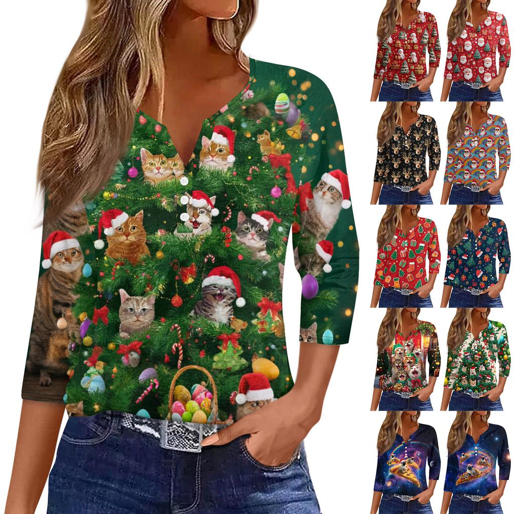 Women's Fashionable Casual Christmas Printed V-neck Three-quarter Sleeve Decorated Button Top