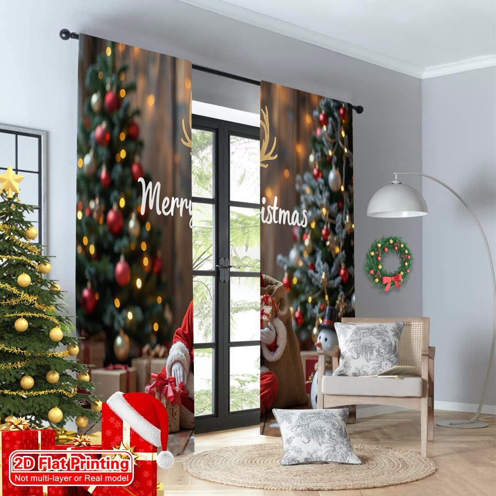2pcs 2D Flat Printing Merry Christmas Popular Curtain Merry Christmas Snowman Santa 100% Polyester Without Electricity Festive