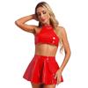 Women's Patent Leather Halter Vest and Mini Skirt High Waist A-line Pleated Skirt Disco Rave Dance Costume Clubwear