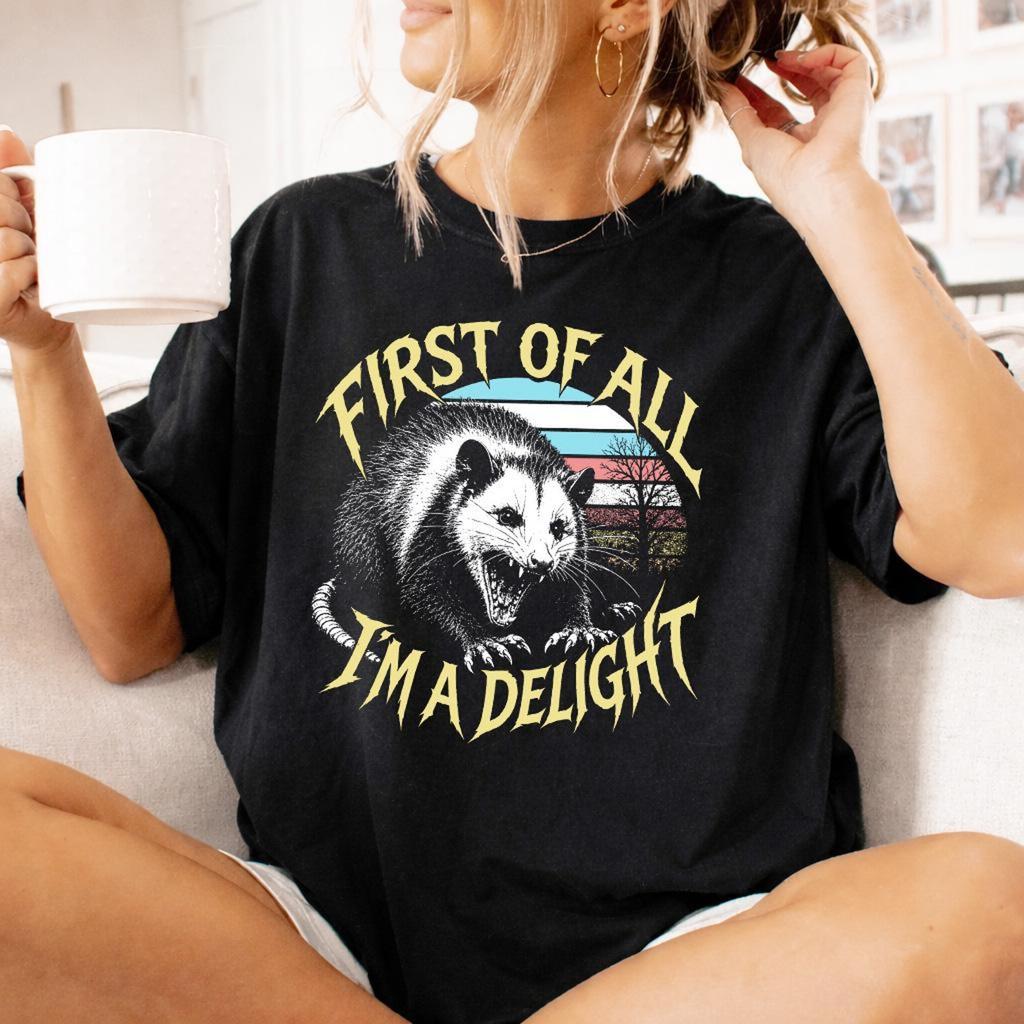 First Of All I'm A Delight Opossum Shirt and kids tshirt, Funny Sarcastic Animal Tee, Retro Graphic