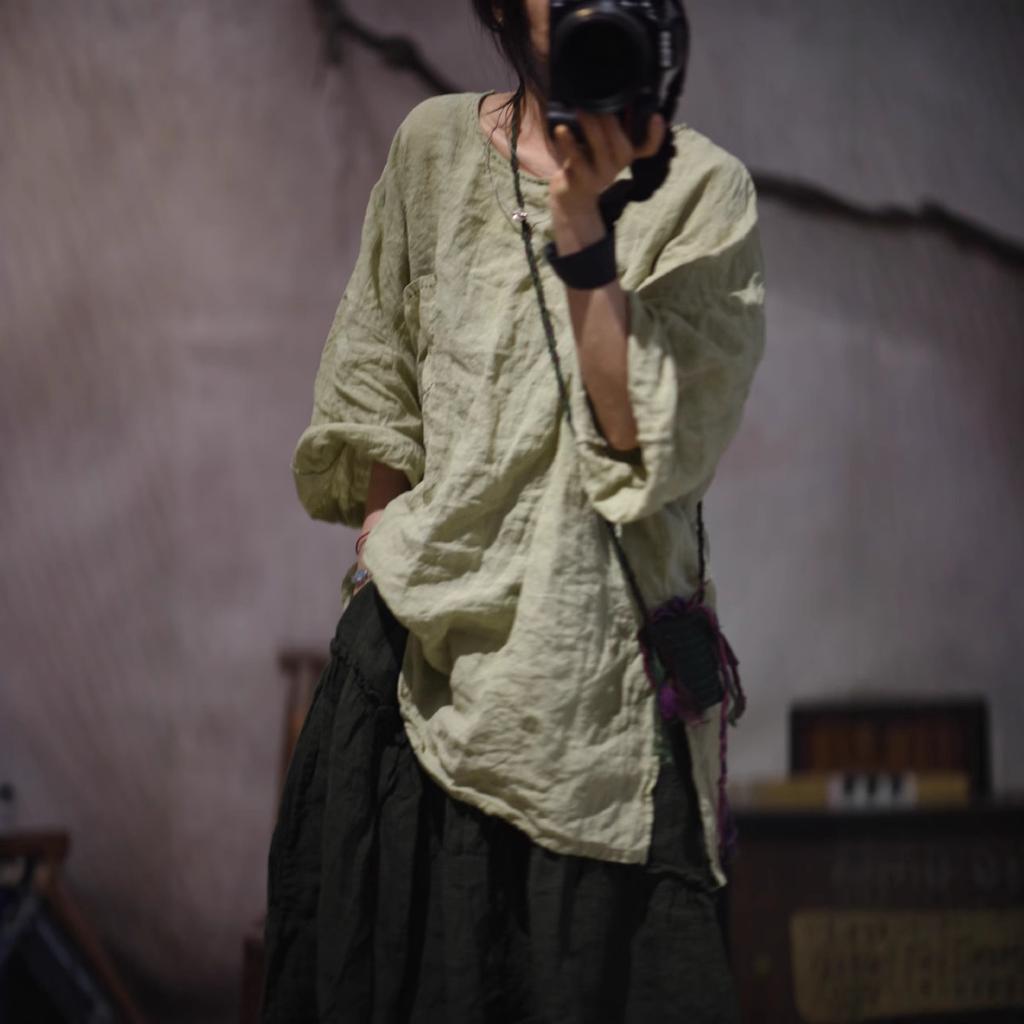 Johnature Women Vintage T-Shirts Irregular Length Solid Color Autumn O-Neck Long Sleeve Loose T-Shirts