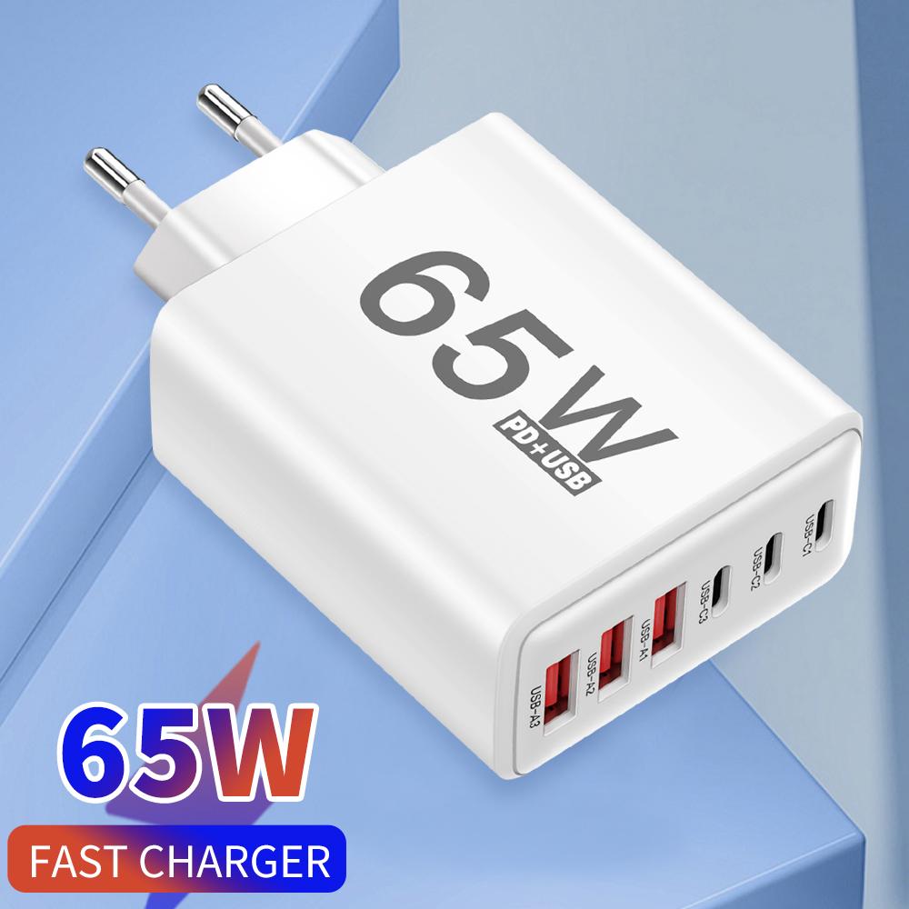 65W 6 Ports USB C Charger Fast Charging Quick Phone Charger Adapter For iPhone 15 16 Pro Samsung Xiaomi QC3.0 USB C Wall Charger